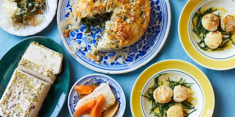 New Year’s Eve feast: scallops, cheesy pie and poached quince