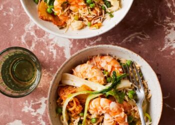 Rukmini Iyer’s quick and easy recipe for kimchi fried rice with peas, prawns and pak choi