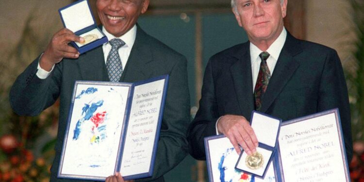 On this day in 1993: South Africans Nelson Mandela and F.W. de Klerk were named the recipients of the Nobel Peace Prize 