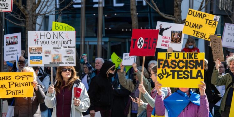 Protests against Elon Musk’s purge of US government swarm Tesla showrooms